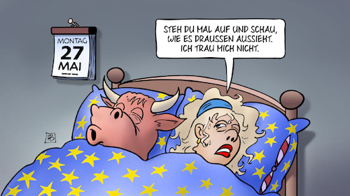 Cartoon: Europa am Morgen (medium) by Harm Bengen tagged montag,kalender,mai,europa,stier,bett,schlafen,angst,aufstehen,europawahl,harm,bengen,cartoon,karikatur,montag,kalender,mai,europa,stier,bett,schlafen,angst,aufstehen,europawahl,harm,bengen,cartoon,karikatur