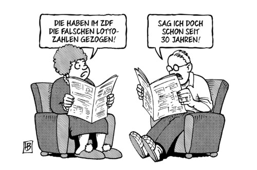 Cartoon: Falsche Lottozahlen (medium) by Harm Bengen tagged falsche,lottozahlen,zdf,gluecksspiel,tippen,ziehung,lotto,harm,bengen,cartoon,karikatur