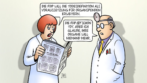 Cartoon: FDP-Todesdefinition (medium) by Harm Bengen tagged fdp,todesdefinition,voraussetzung,organspende,tot,arzt,zeitung,lesen,harm,bengen,cartoon,karikatur,fdp,todesdefinition,voraussetzung,organspende,tot,arzt,zeitung,lesen,harm,bengen,cartoon,karikatur