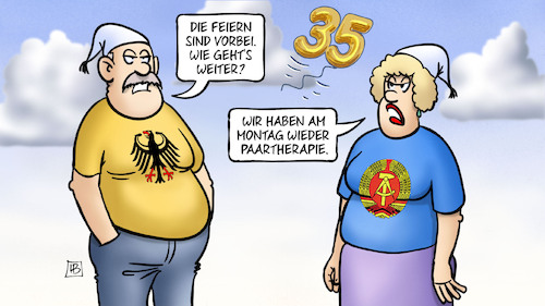 Cartoon: Feiern vorbei (medium) by Harm Bengen tagged feiern,luftballon,paartherapie,deutsche,einheit,wiedervereinigung,brd,ddr,35,michel,harm,bengen,cartoon,karikatur,feiern,luftballon,paartherapie,deutsche,einheit,wiedervereinigung,brd,ddr,35,michel,harm,bengen,cartoon,karikatur
