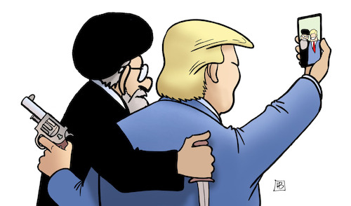 Cartoon: Frieden USA-Iran (medium) by Harm Bengen tagged trump,ayatollah,usa,iran,krieg,frieden,handy,selfie,pistole,messer,harm,bengen,cartoon,karikatur,trump,ayatollah,usa,iran,krieg,frieden,handy,selfie,pistole,messer,harm,bengen,cartoon,karikatur