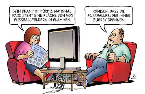 Cartoon: Fußballfelder (medium) by Harm Bengen tagged waldbrand,müritz,nationalpark,fußballfelder,flammen,brennen,tv,harm,bengen,cartoon,karikatur,waldbrand,müritz,nationalpark,fußballfelder,flammen,brennen,tv,harm,bengen,cartoon,karikatur