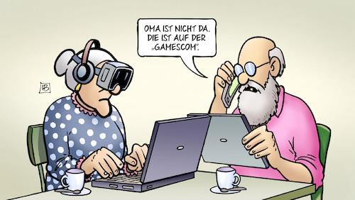 Cartoon: Gamescom rein digital (medium) by Harm Bengen tagged oma,susemil,opa,gamescom,computer,laptop,tablett,vr,brille,internet,anruf,handy,telefon,harm,bengen,cartoon,karikatur,oma,susemil,opa,gamescom,computer,laptop,tablett,vr,brille,internet,anruf,handy,telefon,harm,bengen,cartoon,karikatur