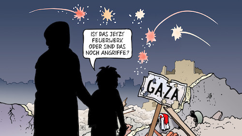 Cartoon: Gaza-Waffenruhe (medium) by Harm Bengen tagged feuerwerk,zerstörung,angriffe,gaza,deal,abkommen,usa,israel,hamas,palästina,trump,harm,bengen,cartoon,karikatur,feuerwerk,zerstörung,angriffe,gaza,deal,abkommen,usa,israel,hamas,palästina,trump,harm,bengen,cartoon,karikatur