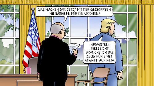 Cartoon: Gestoppte Militärhilfe (medium) by Harm Bengen tagged stopp,gestoppte,militärhilfe,ukraine,angriff,kiew,trump,usa,oval,office,krieg,harm,bengen,cartoon,karikatur,stopp,gestoppte,militärhilfe,ukraine,angriff,kiew,trump,usa,oval,office,krieg,harm,bengen,cartoon,karikatur