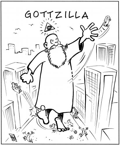 Cartoon: Gottzilla (medium) by Harm Bengen tagged godzilla,gott,religion,glaube,allmächtiger,allmächtig,film,kino,kultur,action,monster,ungeheuer,zerstörung,angst,furcht,macht,gefahr,risiko,willkür,extremist,extremismus