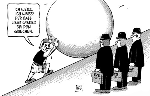 Cartoon: Griechen-Ball (medium) by Harm Bengen tagged ball,sisyphus,griechen,eurozone,ablehnen,ezb,iwf,troika,eu,euro,europa,griechenland,wahl,harm,bengen,cartoon,karikatur
