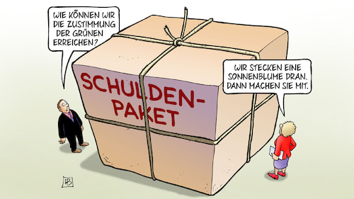 Cartoon: Grüne Paket-Zustimmung (medium) by Harm Bengen tagged zustimmung,grünen,sonnenblume,paket,schuldenpaket,cdu,csu,spd,bundestag,schuldenbremse,harm,bengen,cartoon,karikatur,zustimmung,grünen,sonnenblume,paket,schuldenpaket,cdu,csu,spd,bundestag,schuldenbremse,harm,bengen,cartoon,karikatur