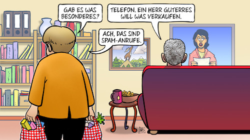 Cartoon: Guterres und Merkel (medium) by Harm Bengen tagged guterres,merkel,sauer,telefon,verkaufen,spam,anrufe,einkaufen,ruhestand,job,ablehung,uno,harm,bengen,cartoon,karikatur,guterres,merkel,sauer,telefon,verkaufen,spam,anrufe,einkaufen,ruhestand,job,ablehung,uno,harm,bengen,cartoon,karikatur