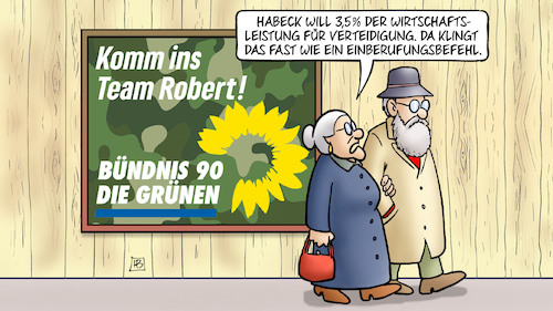 Cartoon: Habeck und Verteidigung (medium) by Harm Bengen tagged habeck,wirtschaftsleistung,verteidigung,einberufungsbefehl,grüne,camouflage,krieg,frieden,team,robert,susemil,harm,bengen,cartoon,karikatur,habeck,wirtschaftsleistung,verteidigung,einberufungsbefehl,grüne,camouflage,krieg,frieden,team,robert,susemil,harm,bengen,cartoon,karikatur