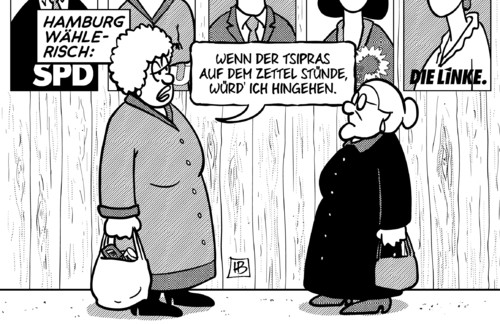 Cartoon: Hamburg wählerisch (medium) by Harm Bengen tagged hamburg,wählerisch,tsipras,griechenland,wahl,zettel,beteiligung,bürgerschaft,landtagswahl,harm,bengen,cartoon,karikatur