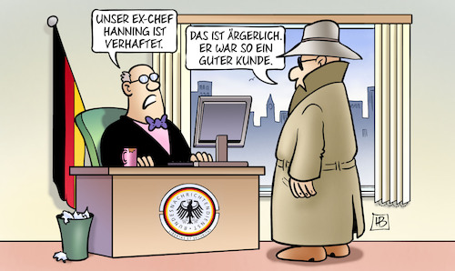 Cartoon: Hanning verhaftet (medium) by Harm Bengen tagged bnd,bundesnachrichtendienst,geheimdienst,agenten,ex,chef,hanning,verhaftet,spionage,hochverrat,landesverrat,verrat,kunde,harm,bengen,cartoon,karikatur,bnd,bundesnachrichtendienst,geheimdienst,agenten,ex,chef,hanning,verhaftet,spionage,hochverrat,landesverrat,verrat,kunde,harm,bengen,cartoon,karikatur