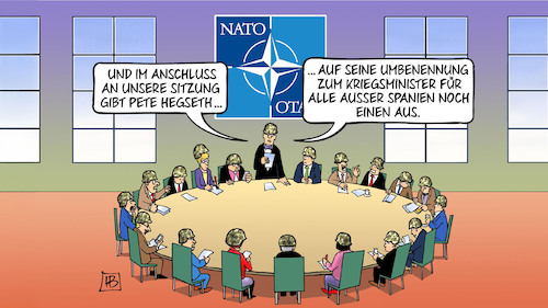 Cartoon: Hegseth und Spanien (medium) by Harm Bengen tagged nato,gipfel,verteidigungsminister,sitzung,hegseth,umbenennung,kriegsminister,spanien,verteidigungsausgaben,harm,bengen,cartoon,karikatur,nato,gipfel,verteidigungsminister,sitzung,hegseth,umbenennung,kriegsminister,spanien,verteidigungsausgaben,harm,bengen,cartoon,karikatur