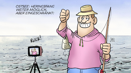 Cartoon: Heringsfang (medium) by Harm Bengen tagged ostsee,heringsfang,eingeschränkt,europa,fangquoten,fischerei,angler,fisch,selfie,harm,bengen,cartoon,karikatur,ostsee,heringsfang,eingeschränkt,europa,fangquoten,fischerei,angler,fisch,selfie,harm,bengen,cartoon,karikatur