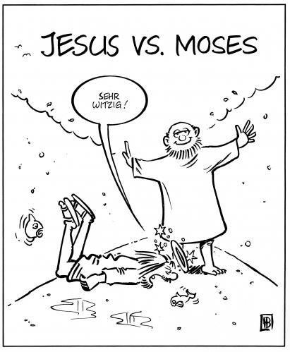Cartoon: Jesus vs. Moses (medium) by Harm Bengen tagged jesus,moses,rotes,meer,see,teilen,wasser,laufen,sturz,religion,bibel,altes,neues,testament