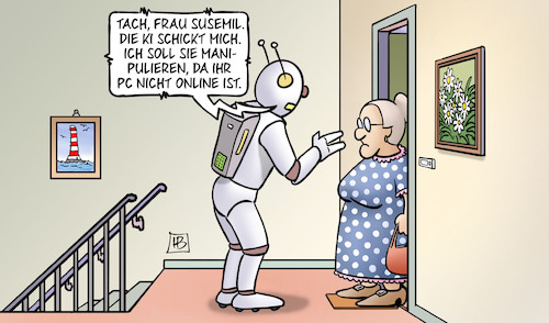 Cartoon: KI-Phishingmails (medium) by Harm Bengen tagged roboter,susemil,ki,künstliche,intelligenz,ai,manipulieren,pc,online,internet,haustür,wohnungstür,phishingmails,gefahr,harm,bengen,cartoon,karikatur,roboter,susemil,ki,künstliche,intelligenz,ai,manipulieren,pc,online,internet,haustür,wohnungstür,phishingmails,gefahr,harm,bengen,cartoon,karikatur