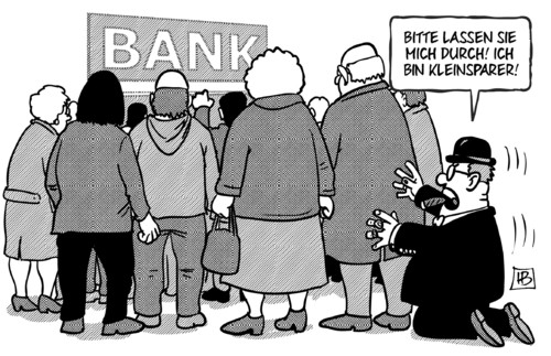 Cartoon: Kleinsparer (medium) by Harm Bengen tagged bank,anleger,zypern,eu,europa,kleinsparer,abgabe,raub,erpressung,bankschalter,kunde,hilfspaket,schulden,kredite,rettungsschirm,troika,harm,bengen,cartoon,karikatur