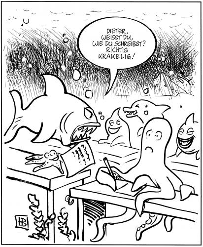 Cartoon: Krakelig (medium) by Harm Bengen tagged krakelig,schreiben,handschrift,schriftgefühl,schreibgefühl,schreibkontrolle,handkontrolle,duktus,schriftbild,schule,tintenfisch,oktopus,krake,arme,tentakel,fisch,lehrer,lehrerin,klasse,pädagogik,pädagoge,kind,abc,aufgaben,bildung,bildungschancen,bildungsstätte,buchstaben,büffeln,deutsch,einpauken,einschulung,einstudieren,erlernen,klassenzimmer,lektion,lernen,pauken,prüfen,prüfung,schulaufgaben,schüler,schulung,studieren,stunde,unterricht,unterwasser,meer,ozean,meerestier,weichtier,seestern,delfin,hai,unleserlich