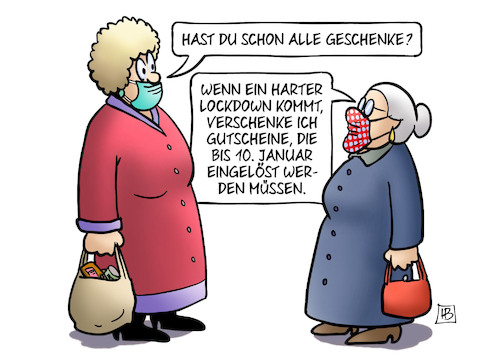 Cartoon: Lockdown-Gutscheine (medium) by Harm Bengen tagged weihnachten,geschenke,kaufen,harter,lockdown,gutscheine,susemil,jutta,corona,masken,harm,bengen,cartoon,karikatur,weihnachten,geschenke,kaufen,harter,lockdown,gutscheine,susemil,jutta,corona,masken,harm,bengen,cartoon,karikatur