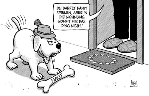 Cartoon: Maut-Knochen (medium) by Harm Bengen tagged maut,knochen,hund,csz,europa,eu,fussmatte,wohnung,dobrindt,verkehrsminister,bundestag,pkw,harm,bengen,cartoon,karikatur