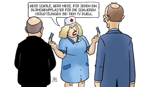 Cartoon: Nach Scholz-Merz-Duell (medium) by Harm Bengen tagged scholz,merz,blümchenpflaster,verletzungen,tv,duell,wahlkampf,krankenschwester,harm,bengen,cartoon,karikatur,scholz,merz,blümchenpflaster,verletzungen,tv,duell,wahlkampf,krankenschwester,harm,bengen,cartoon,karikatur