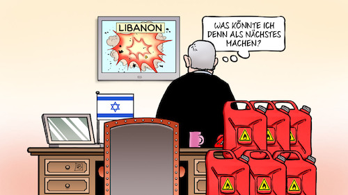 Cartoon: Netanjahus Strategie (medium) by Harm Bengen tagged netanjahu,strategie,israel,libanon,krieg,provokation,pager,explosion,mord,benzinkanister,kanister,schreibtisch,nahost,hisbollah,harm,bengen,cartoon,karikatur,netanjahu,strategie,israel,libanon,krieg,provokation,pager,explosion,mord,benzinkanister,kanister,schreibtisch,nahost,hisbollah,harm,bengen,cartoon,karikatur