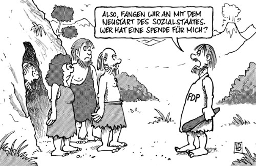 Cartoon: Neustart des Sozialstaates (medium) by Harm Bengen tagged neustart,sozialstaat,hartz,debatte,fdp,westerwelle,steinzeit,keule,arbeit,job