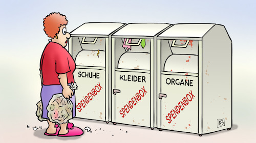 Cartoon: Organspendenbox (medium) by Harm Bengen tagged spendenbox,kleiderspende,schuhe,organspende,muell,abfall,container,sammelstelle,harm,bengen,cartoon,karikatur,spendenbox,kleiderspende,schuhe,organspende,muell,abfall,container,sammelstelle,harm,bengen,cartoon,karikatur