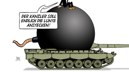 Cartoon: Panzer-Lunte (medium) by Harm Bengen tagged kanzler,bombe,lunte,anstecken,strack,zimmermann,leopard,panzer,krieg,ukraine,russland,harm,bengen,cartoon,karikatur,kanzler,bombe,lunte,anstecken,strack,zimmermann,leopard,panzer,krieg,ukraine,russland,harm,bengen,cartoon,karikatur