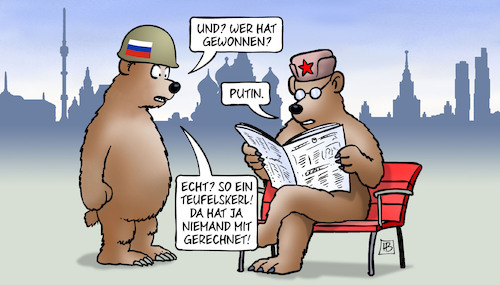 Cartoon: Putins Wiederwahl (medium) by Harm Bengen tagged gewonnen,putin,moskau,wiederwahl,russland,wahl,bären,manipulation,fälschung,wahlfälschung,harm,bengen,cartoon,karikatur,gewonnen,putin,moskau,wiederwahl,russland,wahl,bären,manipulation,fälschung,wahlfälschung,harm,bengen,cartoon,karikatur