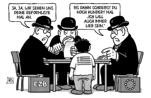 Cartoon: Reformliste (medium) by Harm Bengen tagged reformliste,kind,griechen,eurozone,ablehnen,ezb,iwf,troika,eu,euro,europa,griechenland,wahl,harm,bengen,cartoon,karikatur