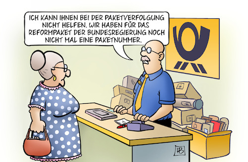 Cartoon: Reformpaketverfolgung (medium) by Harm Bengen tagged paketverfolgung,post,reformpaket,bundesregierung,paketnummer,susemil,harm,bengen,cartoon,karikatur,paketverfolgung,post,reformpaket,bundesregierung,paketnummer,susemil,harm,bengen,cartoon,karikatur
