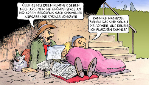 Cartoon: Rentner arbeiten (medium) by Harm Bengen tagged rentner,arbeiten,arbeit,sinnvolle,aufgabe,soziale,kontakte,flaschen,sammeln,obdachlose,wohnungslose,armut,altersarmut,brücke,harm,bengen,cartoon,karikatur,rentner,arbeiten,arbeit,sinnvolle,aufgabe,soziale,kontakte,flaschen,sammeln,obdachlose,wohnungslose,armut,altersarmut,brücke,harm,bengen,cartoon,karikatur