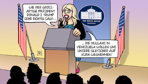 Cartoon: Rundumschlag (medium) by Harm Bengen tagged präsident,donald,trump,presssprecherin,karoline,leavitt,iran,mullah,venezuela,grönland,gletscher,kuba,harm,bengen,cartoon,karikatur,präsident,donald,trump,presssprecherin,karoline,leavitt,iran,mullah,venezuela,grönland,gletscher,kuba,harm,bengen,cartoon,karikatur