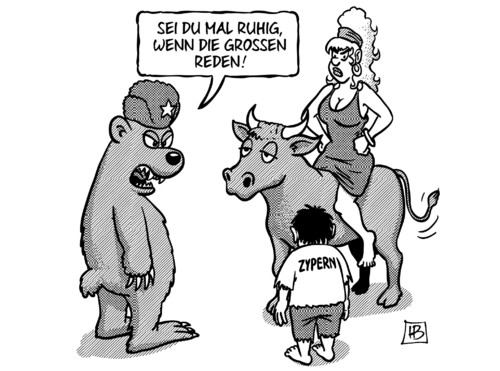 Cartoon: Russland-EU-Zypern (medium) by Harm Bengen tagged bär,stier,russland,bank,anleger,zypern,eu,europa,kleinsparer,abgabe,raub,erpressung,kunde,hilfspaket,schulden,staatsverschuldung,schwarzgeld,geldwäsche,kredite,rettungsschirm,troika,ezb,iwf,harm,bengen,cartoon,karikatur