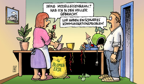 Cartoon: S21-Kommunikationsproblem (medium) by Harm Bengen tagged s21,gesprächsangebot,gespräch,angebot,stuttgart,21,bahn,projekt,hauptbahnhof,kopfbahnhof,abriß,baum,südflügel,nordflügel,protest,demonstration,mappus,cdu,fdp,polizei,keller,modelleisenbahn,spielzeug,mann,frau,blumen,kommunikation,problem,kommunikation,problem,s21,stuttgart bahn,projekt,hauptbahnhof,südflügel,stuttgart,bahn