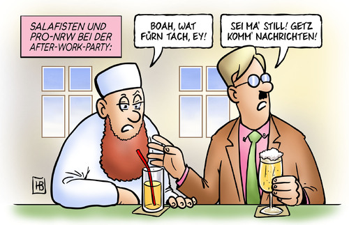 Cartoon: Salafisten und Pro-NRW (medium) by Harm Bengen tagged salafisten,pronrw,islamisten,nazis,faschisten,radikale,zusammenarbeit,after,work,party,pronrw,islamisten,nazis,faschisten,radikale