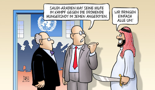 Cartoon: Saudis und Jemen (medium) by Harm Bengen tagged saudi,arabien,hilfe,uno,drohende,hungersnot,jemen,krieg,mord,harm,bengen,cartoon,karikatur,saudi,arabien,hilfe,uno,drohende,hungersnot,jemen,krieg,mord,harm,bengen,cartoon,karikatur