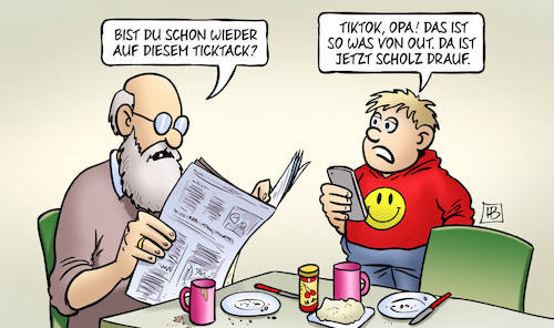 Cartoon: Scholz auf TikTok (medium) by Harm Bengen tagged ticktack,tiktok,opa,handy,kind,enkel,susemil,scholz,internet,bundeskanzler,harm,bengen,cartoon,karikatur,ticktack,tiktok,opa,handy,kind,enkel,susemil,scholz,internet,bundeskanzler,harm,bengen,cartoon,karikatur