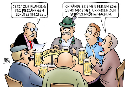 Cartoon: Schützenkönig (medium) by Harm Bengen tagged planung,schützenfest,ukrainer,schützenkönig,stammtisch,krieg,ukraine,russland,harm,bengen,cartoon,karikatur,planung,schützenfest,ukrainer,schützenkönig,stammtisch,krieg,ukaine,russland,harm,bengen,cartoon,karikatur