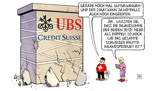 Cartoon: Schweizer Bankenrettung (medium) by Harm Bengen tagged schweizer,staat,bilanzsumme,bruttoinlandsprodukt,ubs,credit,suisse,banken,fusion,finanzkrise,bankenkrise,harm,bengen,cartoon,karikatur,schweizer,staat,bilanzsumme,bruttoinlandsprodukt,ubs,credit,suisse,banken,fusion,finanzkrise,bankenkrise,harm,bengen,cartoon,karikatur