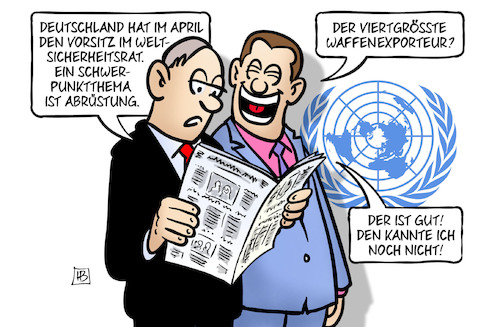 Cartoon: Sicherheitsrats-Vorsitz (medium) by Harm Bengen tagged deutschland,april,vorsitz,weltsicherheitsrat,uno,schwerpunktthema,abrüstung,viertgrösste,waffenexporteur,witz,lachen,harm,bengen,cartoon,karikatur,deutschland,april,vorsitz,weltsicherheitsrat,uno,schwerpunktthema,abrüstung,viertgrösste,waffenexporteur,witz,lachen,harm,bengen,cartoon,karikatur