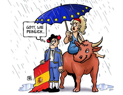 Cartoon: Spanien unter EFSF (medium) by Harm Bengen tagged spanien,efsf,krise,rettungsschirm,europa,euro,stier,torero,regen,peinlich,spanien,efsf,krise,rettungsschirm,europa,euro,stier