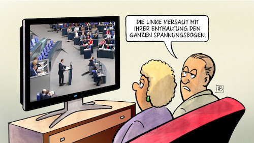 Cartoon: Spannungsbogen (medium) by Harm Bengen tagged linke,enthaltung,spannungsbogen,tv,bundestag,rentenpaket,cdu,csu,junge,gruppe,widerstand,harm,bengen,cartoon,karikatur,linke,enthaltung,spannungsbogen,tv,bundestag,rentenpaket,cdu,csu,junge,gruppe,widerstand,harm,bengen,cartoon,karikatur