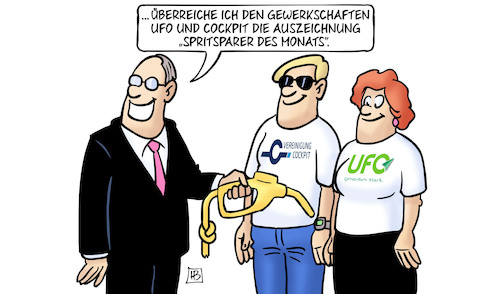 Cartoon: Spritsparer des Monats (medium) by Harm Bengen tagged arbeitskampf,gewerkschaften,auszeichnung,spritsparer,des,monats,lufthansa,streiks,ufo,cockpit,harm,bengen,cartoon,karikatur,arbeitskampf,gewerkschaften,auszeichnung,spritsparer,des,monats,lufthansa,streiks,ufo,cockpit,harm,bengen,cartoon,karikatur