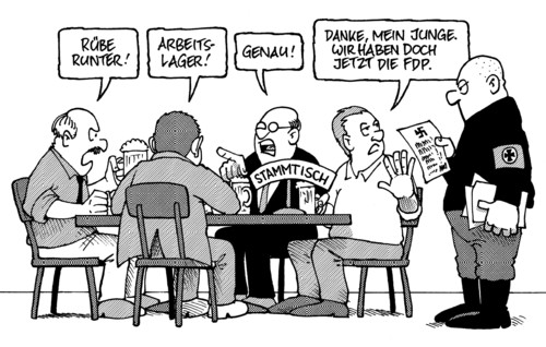 Cartoon: Stammtisch (medium) by Harm Bengen tagged stammtisch,sozialstaat,rechtsradikal,parolen,westerwelle,fdp,npd,faschisten,nazi,nazis,rechts