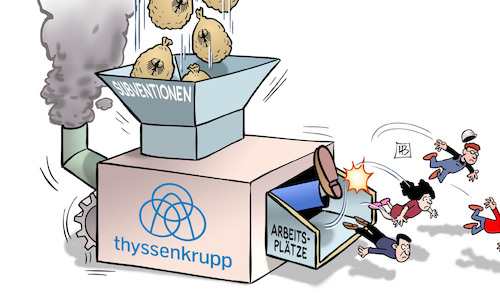 Cartoon: Thyssenkrupp (medium) by Harm Bengen tagged subventionen,arbeitsplätze,thyssenkrupp,stahindustrie,wasserstofftechnologie,umbau,rausschmiss,kündigung,fusstritt,maschine,harm,bengen,cartoon,karikatur,subventionen,arbeitsplätze,thyssenkrupp,stahindustrie,wasserstofftechnologie,umbau,rausschmiss,kündigung,fusstritt,maschine,harm,bengen,cartoon,karikatur