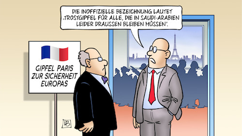 Cartoon: Trostgipfel (medium) by Harm Bengen tagged gipfel,paris,sicherheit,europa,trostgipfel,saudi,arabien,usa,russland,ukraine,friedensgespräche,harm,bengen,cartoon,karikatur,gipfel,paris,sicherheit,europa,trostgipfel,saudi,arabien,usa,russland,ukraine,friedensgespräche,harm,bengen,cartoon,karikatur