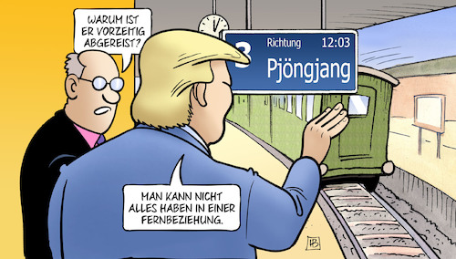 Cartoon: Trump-Kim-Gipfel beendet (medium) by Harm Bengen tagged vorzeitig,abgereist,bahnhof,zug,pjöngjang,kim,gipfel,vietnam,usa,nordkorea,trump,harm,bengen,cartoon,karikatur,vorzeitig,abgereist,bahnhof,zug,pjöngjang,kim,gipfel,vietnam,usa,nordkorea,trump,harm,bengen,cartoon,karikatur