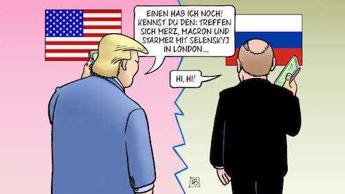 Cartoon: Trump erzählt Witze (medium) by Harm Bengen tagged trump,witze,putin,handy,telefonat,merz,macron,starmer,selenskyj,london,ukraine,krieg,russland,usa,harm,bengen,cartoon,karikatur,trump,witze,putin,handy,telefonat,merz,macron,starmer,selenskyj,london,ukraine,krieg,russland,usa,harm,bengen,cartoon,karikatur